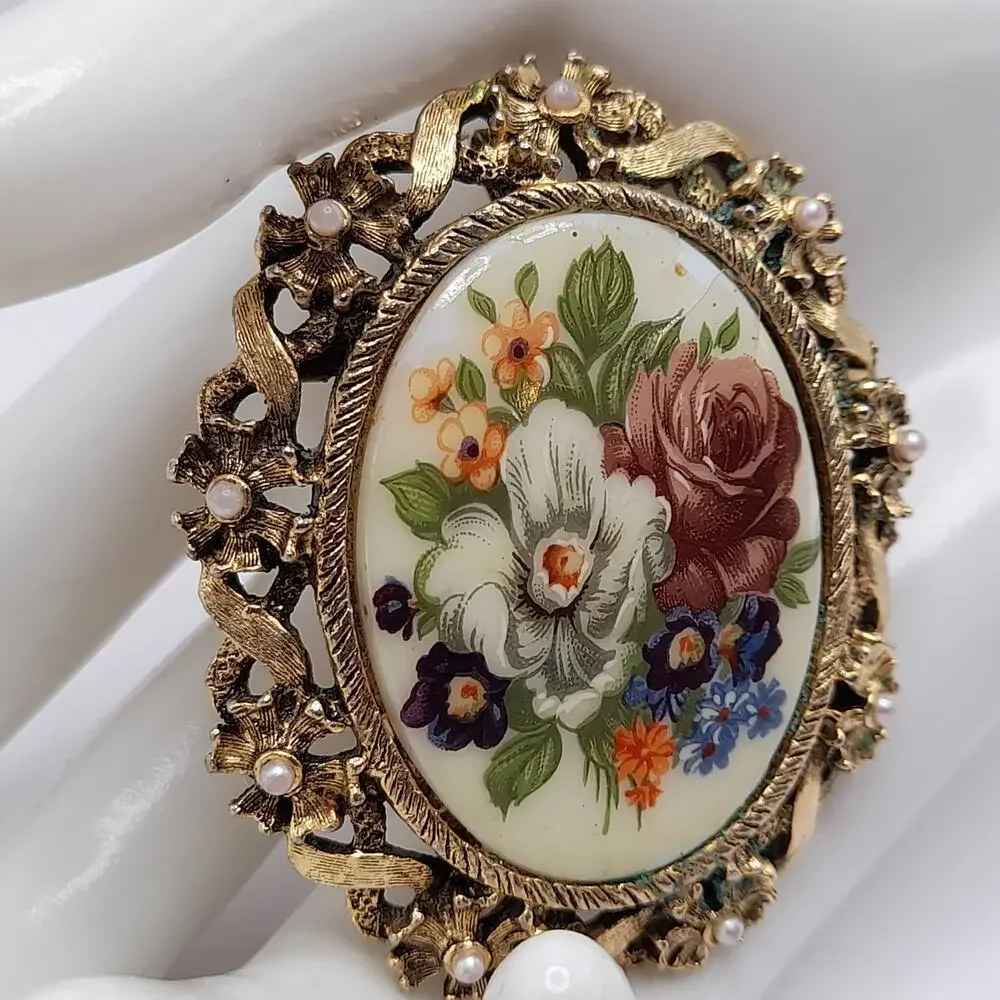 Vintage Porcelain Floral Brooch Pendant Combo, Faux Pearls, 2 1/4 Inches